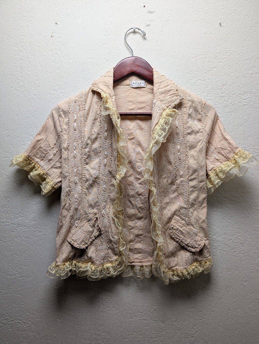 Vintage Kelly USA Womens Beige Lace Ruffle Beaded Open Front Jacket Pockets Sz M